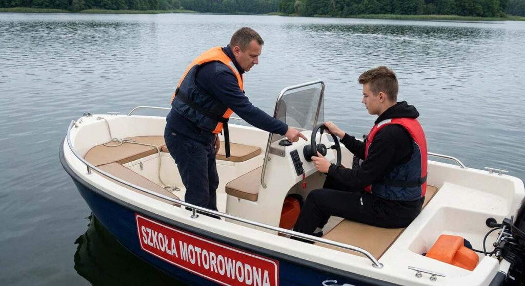 Dwie osoby na pokładzie białej motorówki z napisem „Szkoła motorowodna”. Instruktor w pomarańczowej kamizelce wskazuje coś kursantowi trzymającemu kierownicę