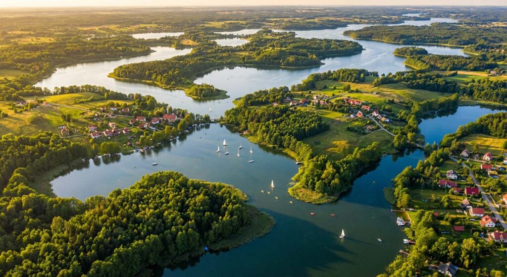 Panorama Mazur widziana z lotu ptaka. Kręte linie brzegowe jezior przeplatają się z zielonymi półwyspami, lasami i małymi miejscowościami z domami o czerwonych dachach. Na wodzie widać białe żagle jachtów.